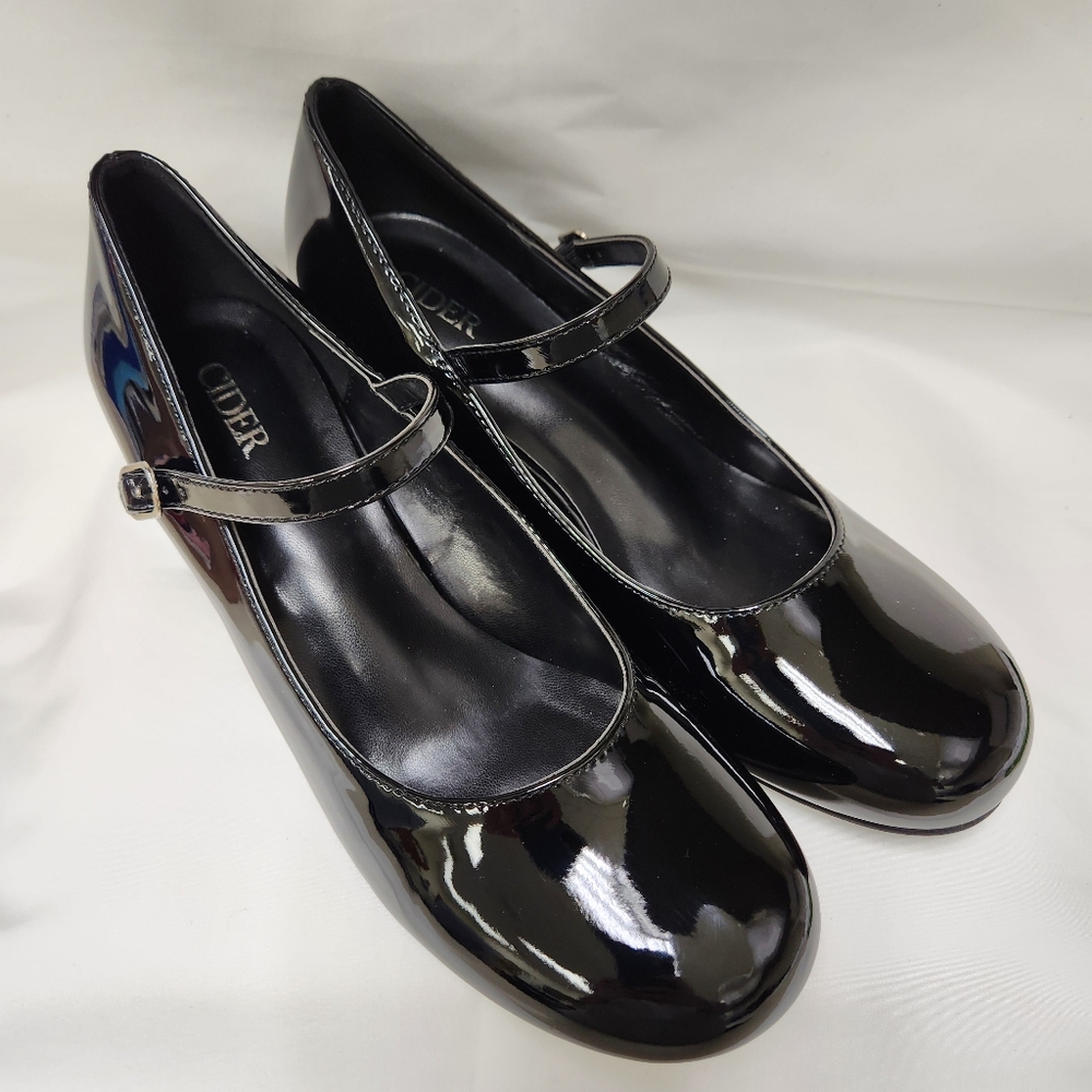 Cider Black Patent Leather Chunky Heel Mary Jane Shoes Women's Size 39/9